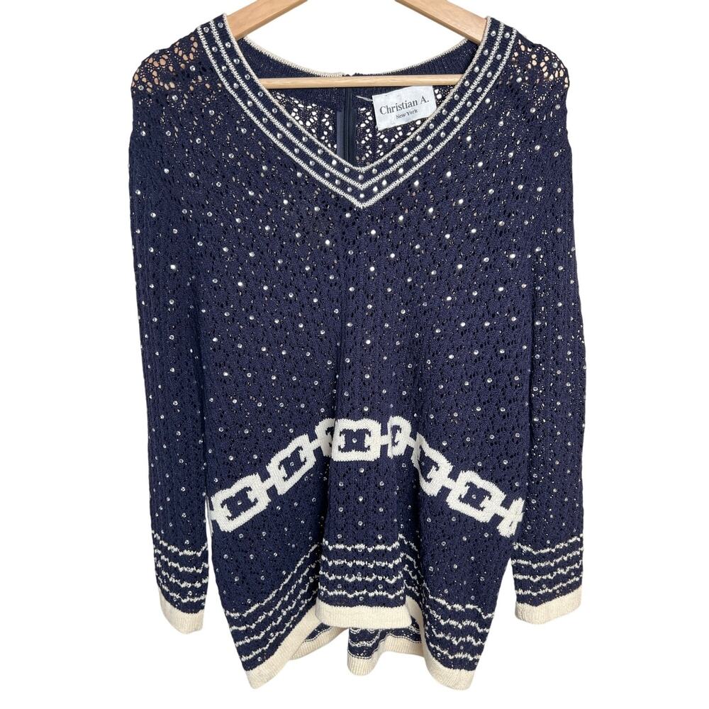 Vintage Christian A. New York Beaded Navy White Sweater *Dimensions in Picture*